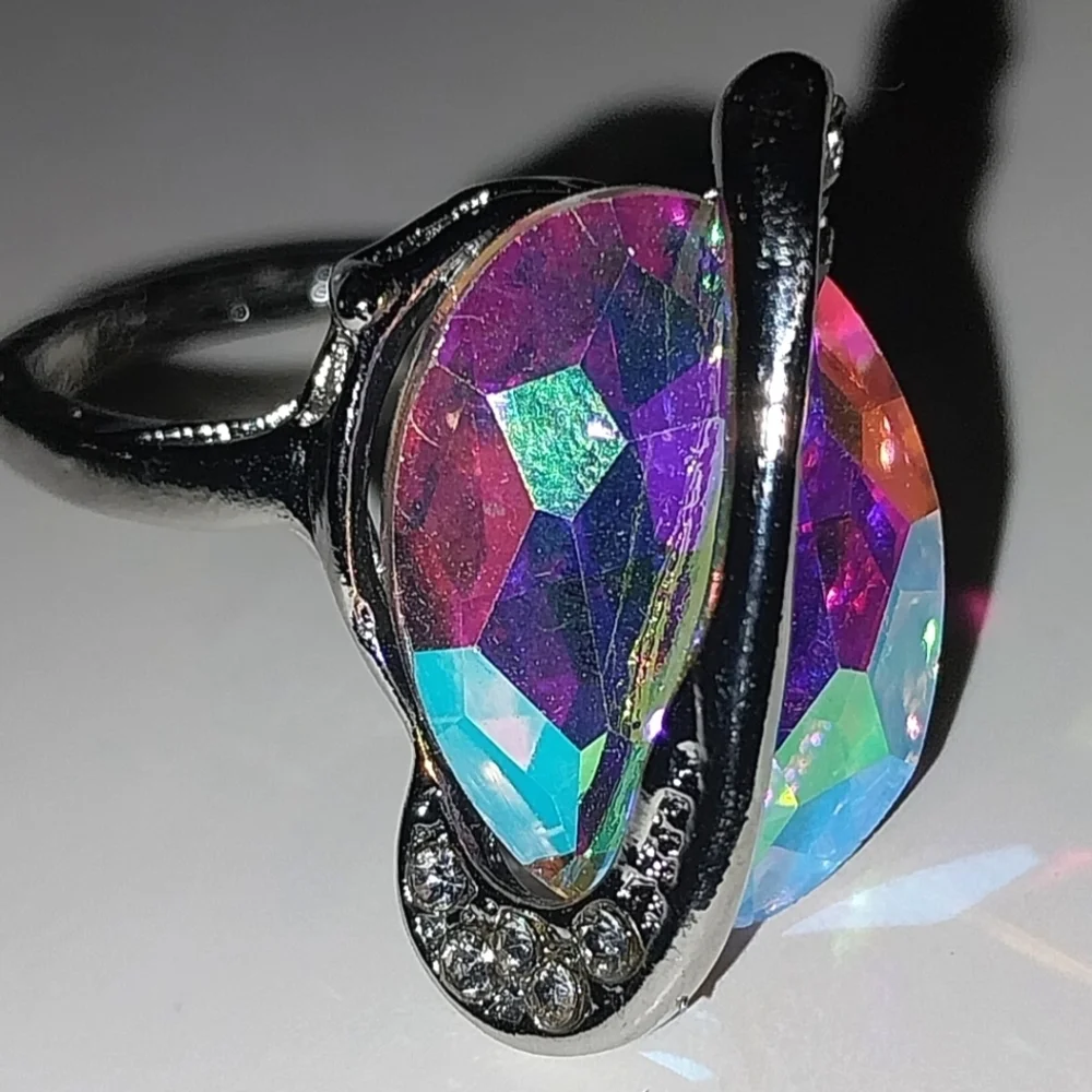 Elegant Multicolor Crystal Silver Ring Sz 9